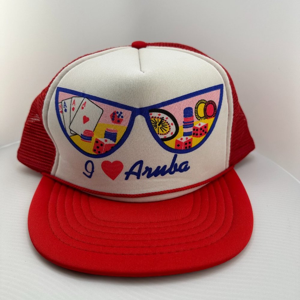 Vintage I ❤️ Aruba Red Beach Travel Hat Retro 80s Snapback Mesh Trucker Hat